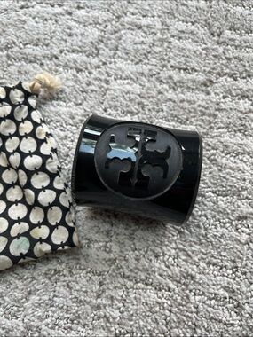 Tory Burch Black Logo Gloss Resin Logo Cuff Bracelet